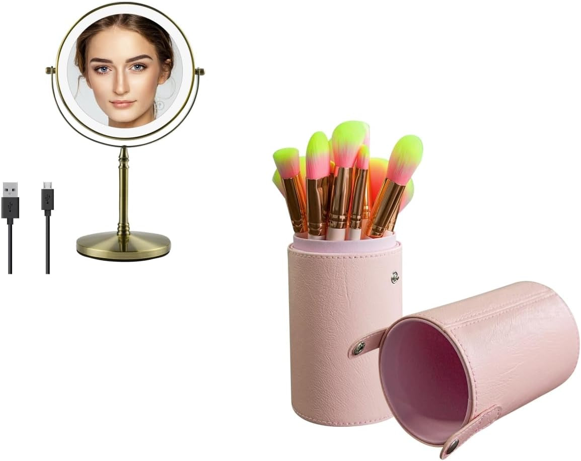 7X Lighted Magnifying Mirror Antique Bronze, 12 Pcs Makeup Brushes with Holder