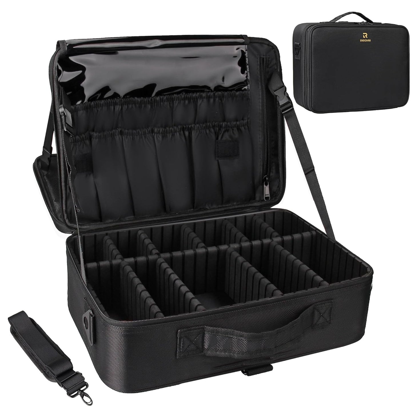 16.5'' Large Capacity Makeup Case 3 Layers Cosmetic Organizer Brush Bag Barber Train Case Makeup Artist Box for Hair Curler Hair Straightener Brush Set and Cosmetics
