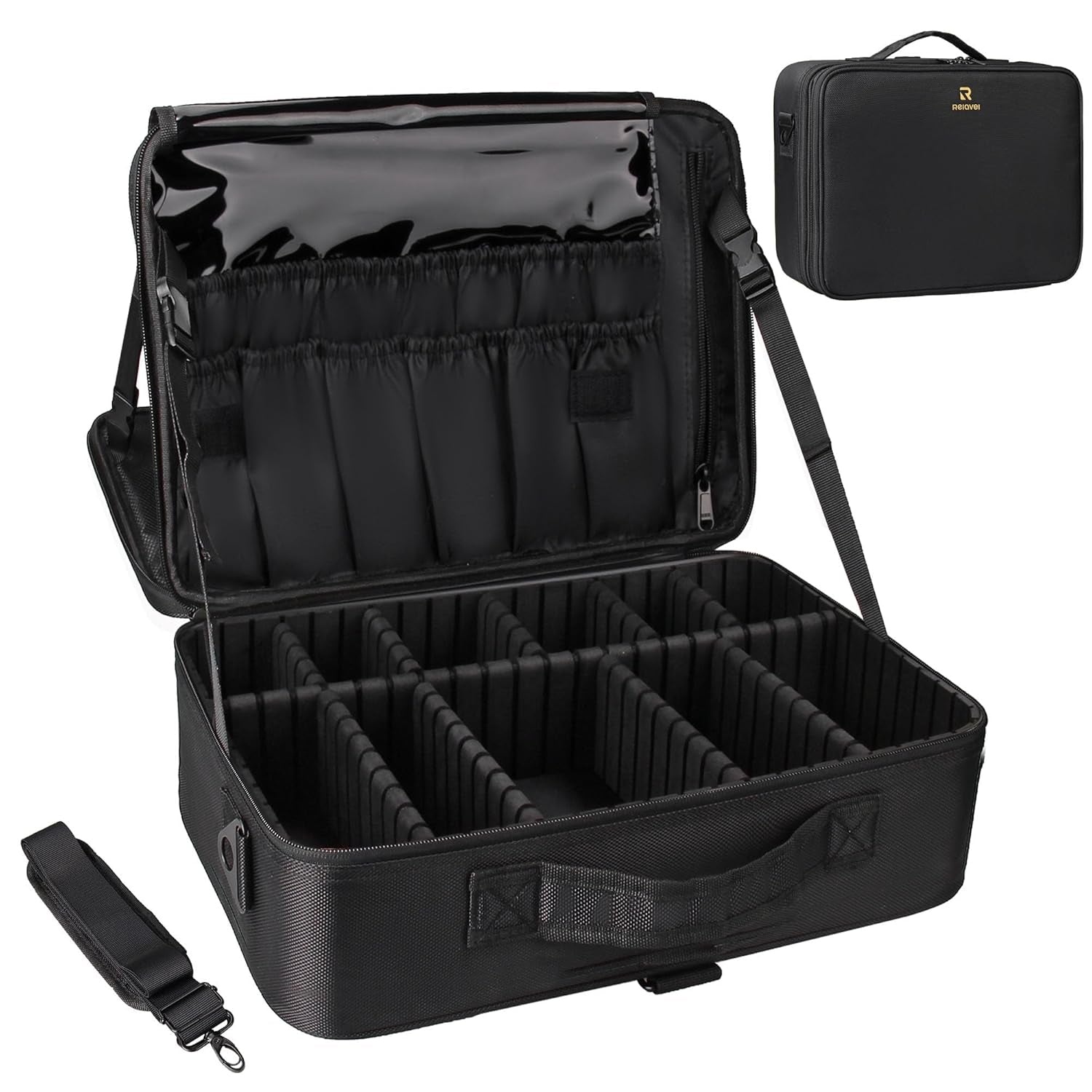 16.5'' Large Capacity Makeup Case 3 Layers Cosmetic Organizer Brush Bag Barber Train Case Makeup Artist Box for Hair Curler Hair Straightener Brush Set and Cosmetics